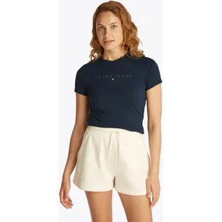 T-Shirt TOMMY JEANS "TJW SLIM TONAL LINEAR TEE EXT", Damen, Gr. L (40), blau (schwarz night navy), Single Jersey, Obermaterial: 100% Baumwolle, bedruckt, Basic, slim fit kurz, Rundhals, abgesteppt, Shirts T-Shirt, mit Logoschriftzug