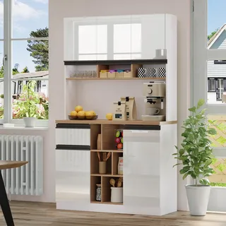 Ball & Cast Küchenschrank, Buffetschrank, Hochschrank mit verstellbaren Einlegeböden, Metallgriffen und Offenem Stauraum, 105x45x185 cm, Weiß
