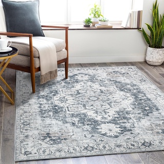 TOPICK Teppich 210x300cm Grau Floral Faltbar Waschbar Superdünne Vintage Blumenteppich Kurzflor Orientalischer Küchenteppich für Innenbereich Schlafzimmer Wohnzimmer Esszimmer Büro Flur