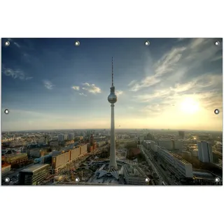 Wallario Outdoor-Poster für Garten oder Balkon, Motiv Fernsehturm Berlin mit Panoramablick über die Stadt, in ca. 80 x 120 cm - Blau