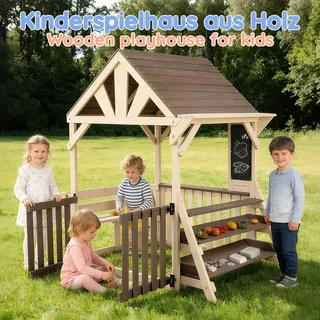 Merax Outdoor-Spielhaus Kinderküche Holz, hausförmiges Spielset mit regensicherem Dach, Regal & Geländern, Garten Spielhaus ab 3 Jahren, Grau - Weiß