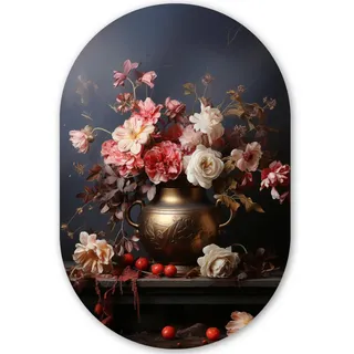 MuchoWow Wandbild Stilleben - Blumen - Rosen - Blumenstrauß - Vase 60x90 cm , Dunkelbraun , Kunststoff , Oval , 60x90 cm , einfache und schnelle Anbringung , Bilder & Rahmen, Bilderrahmen, Bilderrahmen & Fotorahmen