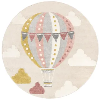 RugVista Balloon Ride Kinderteppich, Ø 150 cm, Beige/Rosa | Moderne, Kinder, Rund, Niedriger Stapel, Nur chemische Reinigung, Oeko-Tex 100, Ohne gefährliche Chemikalien, Kinderzimmer