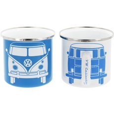 Bild VW Collection - Volkswagen 2er Set Emaille Kaffee-Tee-Cappuccino-Tasse-Becher-Haferl Mug für Camping & Outdoor T1 Bus (350 ml x2/Blau & Weiß)