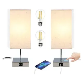 ZMH 2er Set Nachttischlampe Tischlampe touch dimmbar USB Vintage Tischleuchte mit Ladefunktion E27 Aufladbar Warmweiß Nachtlicht mit Stoffschirm Schreibtischlampe für Wohnzimmer Schlafzimmer - Weiß