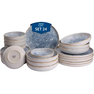 James Cooke Azure Vintage Steinzeug Geschirr-Set für 6 Personen - 24-Teilig - weiss blau gestreift, Relief Oberfläche - Spülmaschinen-, Ofen- & Mikrowellenfest