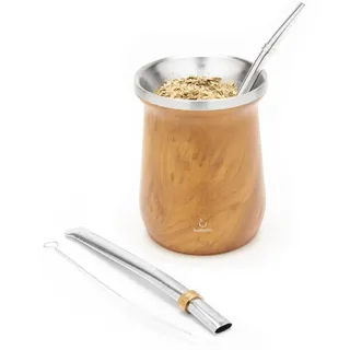 balibetov Yerba Mate Tee Set (Mate Becher) aus Rostfreiem Edelstahl mit Bombilla (Strohhalm) für Mate, Yerba Mate Set Leicht zu Reinigen und Sehr Widerstandsfähig (HOLZ)