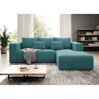Easy4You Ecksofa Türkis Stripes L-Form in Kord – 255 cm - Schlafsofa mit Bettzeugbehälter und Schlaffunktion - Eckcouch mit Stauraum - Rechts – Stoff Kord POSO 26 - Türkis