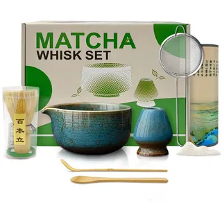 Mabecol Matcha Set Grün 8-teilig Mit Matcha Schale Mit Ausgießer (Chawan)