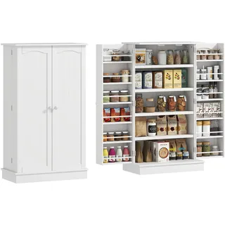 HOMCOM Küchenschrank Küchenbuffet Geschirrschrank modernes Aufbewahrungsmöbel mit Schränken, verstellbarem Regal und 12 Gewürzhaltern, Vorratskammer für Esszimmer, Wohnzimmer, 60 x 30 x 104 cm, weiß