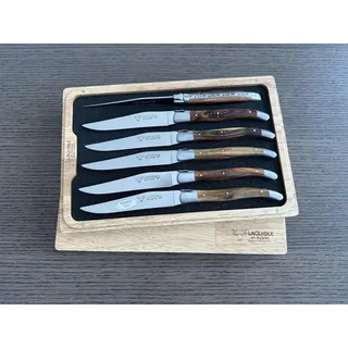Laguiole en Aubrac Steakmesser - 6er Set - Griff Pistazien-Holz - Original Frankreich mit Zertifikat - sechs Tafelmesser