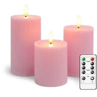 CiimWaa LED Kerzen 3er Set, Stumpenkerzen aus Echtwachs Batteriebetrieben | Flammenlose LED-Kerzen mit Timerfunktion und Fernbedienung, Flackernde Flamme, Dekorationfür Weihnachten, Hochzeit Rosa
