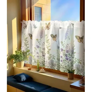 Daliena Kurzgardine mit Blumen Schmetterlinge Scheibengardinen Landhaus Stil Küchengardinen Halbtransparent Cafe Vorhang Fenstergardine mit Drucken (BxH 180x55cm) weiß 1 stück