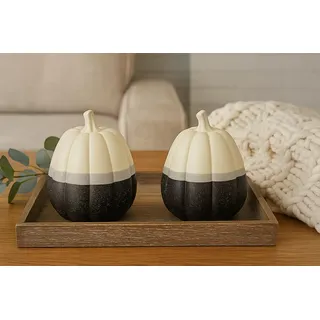 khevga Deko Kürbis Set 2er – Herbstdeko & Halloween Dekoration aus Steingut – Schwarz Weiß Grau – Moderne Kürbisse für Wohnzimmer, Tisch & Fensterbank
