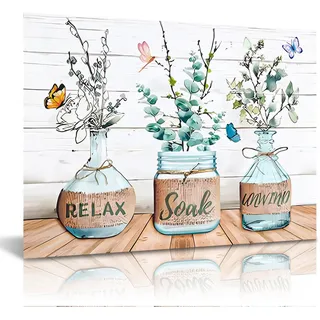 Dazzlewall Bauernhaus Badezimmer Wandbilder Blumen Grünes Blatt und Schmetterling, Rustikale Leinwand Bilder für Badezimmer Wohnzimmer Deko 30x40 cm Ohne Rahmen