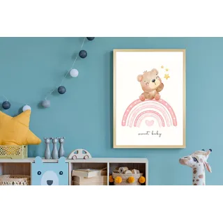 Bild mit Rahmen QUEENCE "Bär auf buntem Regenbogen", rot (farbe rahmen: natur, braun, beige, farbe bild(er): rot), B:50cm H:70cm T:1,5cm, Holz, Plexiglas, Bilder, Bild mit Rahmen, HD Premium Posterdruck mit Echtholzrahmen