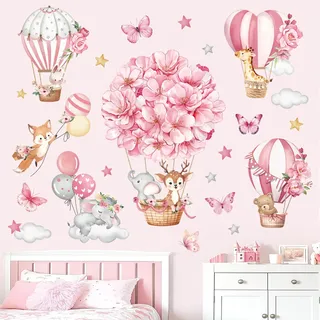 decalmile Wandtattoo Heißluftballon Blumen Rosa Wandaufkleber Tiere Ballon Elefant Hirsche Fuchs Wandsticker Babyzimmer Mädchen Kinderzimmer Schlafzimmer Wanddeko