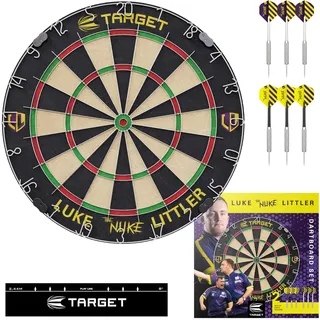 Target Darts Player Dartboard Set | Luke Littler/Dimitri Van den Bergh/Gabriel Clemens | Dartscheibe in Spieler-Edition mit 2 Set Steel-Dart-Dartspitzen, Wurf-Linie nach Wettkampfstandard | Profi-Dart