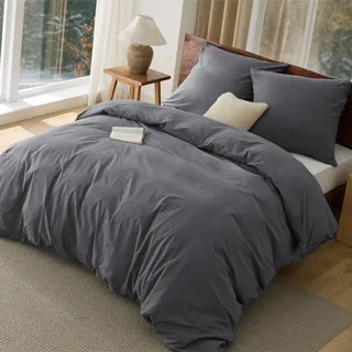 BEDSURE Bettwäsche 155x220 Baumwolle 3teilig - Sommer Bettwäsche-Sets Anthrazit Bettbezug mit 2 Kissenbezüge 80x80 cm, Ähnliche Textur wie Washed Leinen, Oeko-TEX Bedding Grau mit Reißverschluss