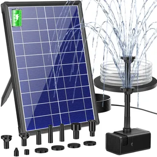 Biling 8W Solar Springbrunnen außen mit 4000mAh Akku, Leise 300 l/h Teichpumpe Solarpumpe mit 8 Düsen Bachlaufschlauch für Gartenteiche Belüftung bis 500L, Solarbrunnen DIY Mini Wasserspiel Fontänen