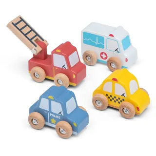 Woet Holz-Fahrzeugset, 4 Teile | Holz-Spielzeugautos, Polizei, Krankenwagen, Feuerwehr und Taxi, Schiebespielzeug, Fahrzeugset, ab 18 Monaten