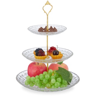 Relaxdays Etagere, Glas & Eisen, HxD: 34 x 25 cm, runder Servierständer, 3 Etagen, Cupcake Ständer, transparent/gold