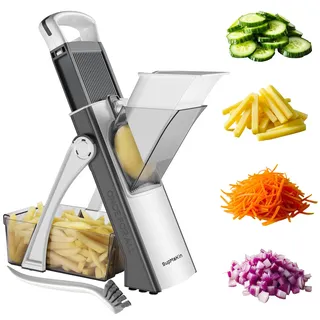SupMakin Gemüseschneider, Once for All Verstellbar Gemüsehobel Genius Mandoline Vegetable Slicer Kartoffelschneider Zwiebelschneider (S3 Grauweiß)