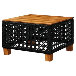 Gartentisch, Couchtisch mit Stahlrahmen, Beistelltisch für Garten, Terrasse, Hinterhof, Balkontisch, Gartenmöbel Schwarz, Lochgewebe 55x55x36 cm, Poly Rattan, Akazienholz - Schwarz
