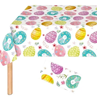 Tischdecke Ostern 274x137cm Saisonnal Frühling Osterdeko Fleckschutz Tischwäsche Wasserabweisend Rechteckig Tablecloth Mit Osterei Hase Blumenmotiv für Küche Wohnzimmer, Frühling Garten Party & Ostern