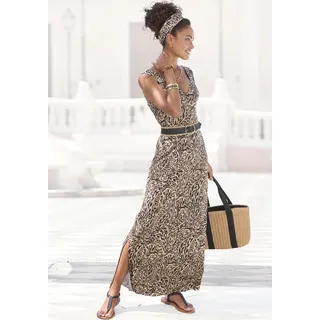 Maxikleid BUFFALO, Damen, Gr. 44, N-Gr, bunt (beige, jeansblau bedruckt), Jersey, Obermaterial: 100% Viskose, bedruckt, figurumspielend knöchellang, V-Ausschnitt, Kleider Maxikleid, mit Alloverdruck und Schlitz, Sommerkleid, Strandkleid, Topseller