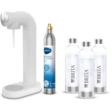 BRITA Wassersprudler sodaONE weiß inkl. CO2-Zylinder und 3 BPA-freien PET-Flaschen I Macht aus Leitungswasser prickelndes Sprudelwasser (bis zu 60l pro Zylinder)