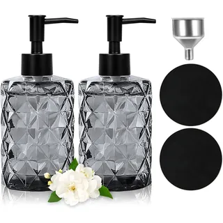 Seifenspender Schwarz, Seifenspender Glas für Badezimmer, Nachfüllbarer Pumpspender für die Küche mit Edelstahltrichter, 2 Untersetzer, 330 ml Vintage-Soap Dispenser mit Mattschwarzer Pumpe
