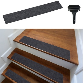 cocofy Treppenstufen Matten modern 15er Set, 60x12 cm groß Filz selbstklebend | Stufenmatten innen 15 Stück Teppich Treppenstufen Treppenteppich selbstklebend Treppen dunkelgrau anthrazit