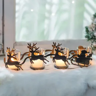 NUPTIO Adventsgesteck Adventskranz Teelichter Weihnachtskranz: Tisch Adventsgestecke Länglich Adventsdeko Modern mit Glas Adventkranz Schwarz Metall Advent Weihnachten Rentier Weihnachtsdeko