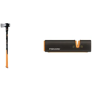 Fiskars Spaltaxt IsoCore XXL zum Spalten von Stammstücken oder zum Eintreiben 92 cm, 3,6 kg & Axt- und Messerschärfer, Keramik- Schleifkopf/Gehäuse aus glasfaserverstärktem Kunststoff, Schwarz/Orange