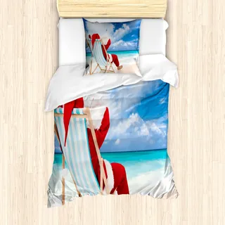 ABAKUHAUS Weihnachtsmann Mantele, Entspannung am exotischen Strand, Milbensicher Allergiker geeignet mit Kissenbezügen, 135 cm x 200 cm - 80 x 80 cm, Blue Sand Braun Rot - Rot