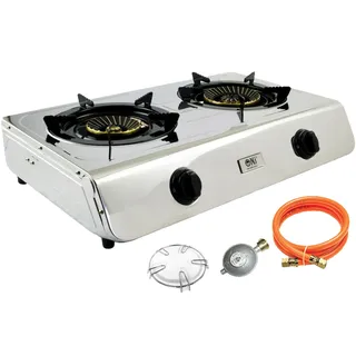 NJ-60 Edelstahl Gaskocher 2 flammig Campingkocher 7,6 KW Propan kocher Turbo