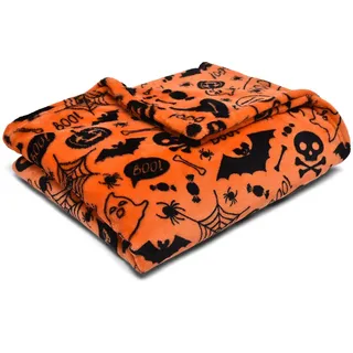 Bedlam - Halloween Fleecedecke (120 x 150cm) - Superweiche & kuschelige Decke in Orange - Gruselige Fledermäuse & Totenköpfe - Halloween Kuscheldecke für Sofa oder Bett - für Halloween Dekoration