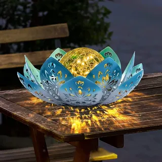 Solar Lampe Outdoor Gartendeko Ausolee,Garten Deko draußen, Wasserdichte Ausgehöhlt Solar Lotusblüten Lampe Gartendeko,Crack Glaskugel Deko (Blau)