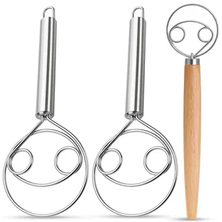 3-teiliges Set Dänischer Schneebesen,mit großem Holzgriff und kleinen Edelstahl-Schneebesen, ideal für Teigrührer und Brotbackzubehör, perfekt für Pizza-, Kuchen- und Brotteig