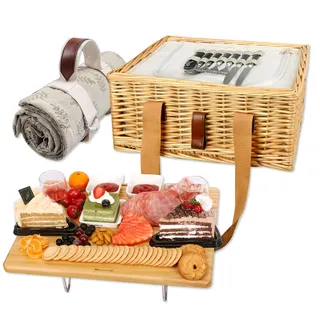 Hap Tim Wicker Picnic Basket for 2 with Mini Folding Wine Picnic Table & Large Insulated Cooler Bag & Cutlery Service Kits for 2 Person, Couples Gifts, Wedding Gifts (Y2307-2-CM)