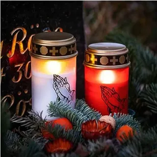 2 Grablichter LED mit Batterie wetterfest | Grabkerzen Led mit Batterien für lange Brenndauer von bis zu 6 Monaten | LED-Grablicht mit Flackern wie bei einer echten Kerze (2 Grablichter Set rot-weiß)