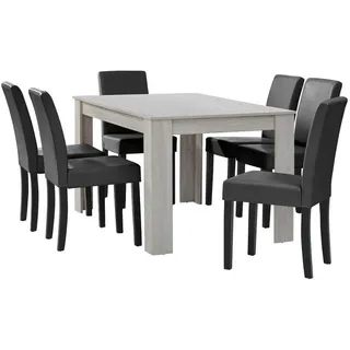 [en.casa] Esstisch Eiche weiß mit 6 Stühlen dunkelgrau Kunstleder gepolstert 140x90 Essgruppe Esszimmer, - Weiß