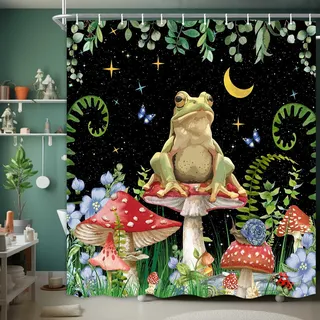 JAWO Pilz-Duschvorhang, Boho-Mond-Sterne, ästhetische Blumen-Duschvorhänge, lustiger Frosch, Cottagecore-Dekor, Kinder-Badezimmer-Zubehör-Set mit Haken, 175 x 178 cm, Schwarz