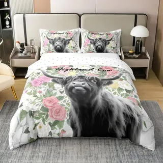 Homemissing Highland Kuh Bettwäsche Set 135x200cm für Kinder Jungen Mädchen Teens Blumen Highland Rinder Bettbezug BauerntiereBetten mit 1 Kissenbezug