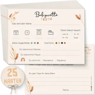 Olgs Babyparty Ratespiel 25 Karten zum ausfüllen DIN A6 | Babywette Tippkarten für Babyshower | Gender Reveal Party Quiz für Junge und Mädchen | Schwangerschaft Geschenk Baby Party Spiele - Boho