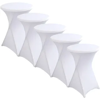iEventStar Stretch Stehtisch Hussen Spandex Stehtischhussen Bartische Hochzeit Erstärkung im Fußbereich Rund Tischdecke für Bistrotisch Cocktail-Party (Weiß, 5er Set - Ø 60-65 cm)