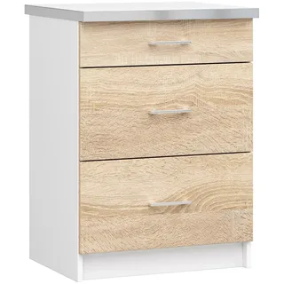 Akord Küchenschrank Weiß, Sonoma Eiche 44.5x60x82cm , Holzwerkstoff , Nachbildung , Holz Optik , 3 Schubladen , Rechteckig , 60x82x44.5 cm , Küchen, Küchenmöbel, Küchenschränke, Schubkastenunterschrank