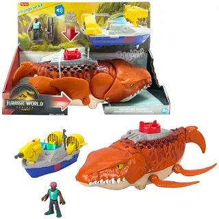 Fisher-Price Imaginext Jurassic World: Die Wiedergeburt Wasserjäger-Mosasaurus als ca. 45 cm großes Dinosaurier-Spielzeug mit ca. 7 cm großer Actionfigur, mit Boot und zwei Projektilen, JFR23