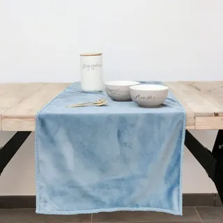 Tischläufer aus Samt mit Stickerei, Tischläufer für Tischdekoration aus Samt, dekorativ, für Esszimmer, Küche, Hellblau, Declea Home Decor